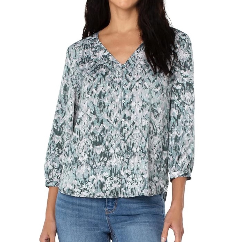 Liverpool Los Angeles Printed Top Women's XS Misty Sage V-Neck Puff Sleeve